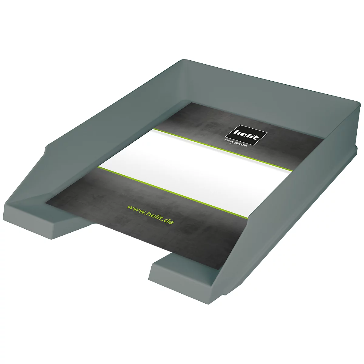 Grey desk tray with paper. On the paper is a logo and the lettering www.helit.de.