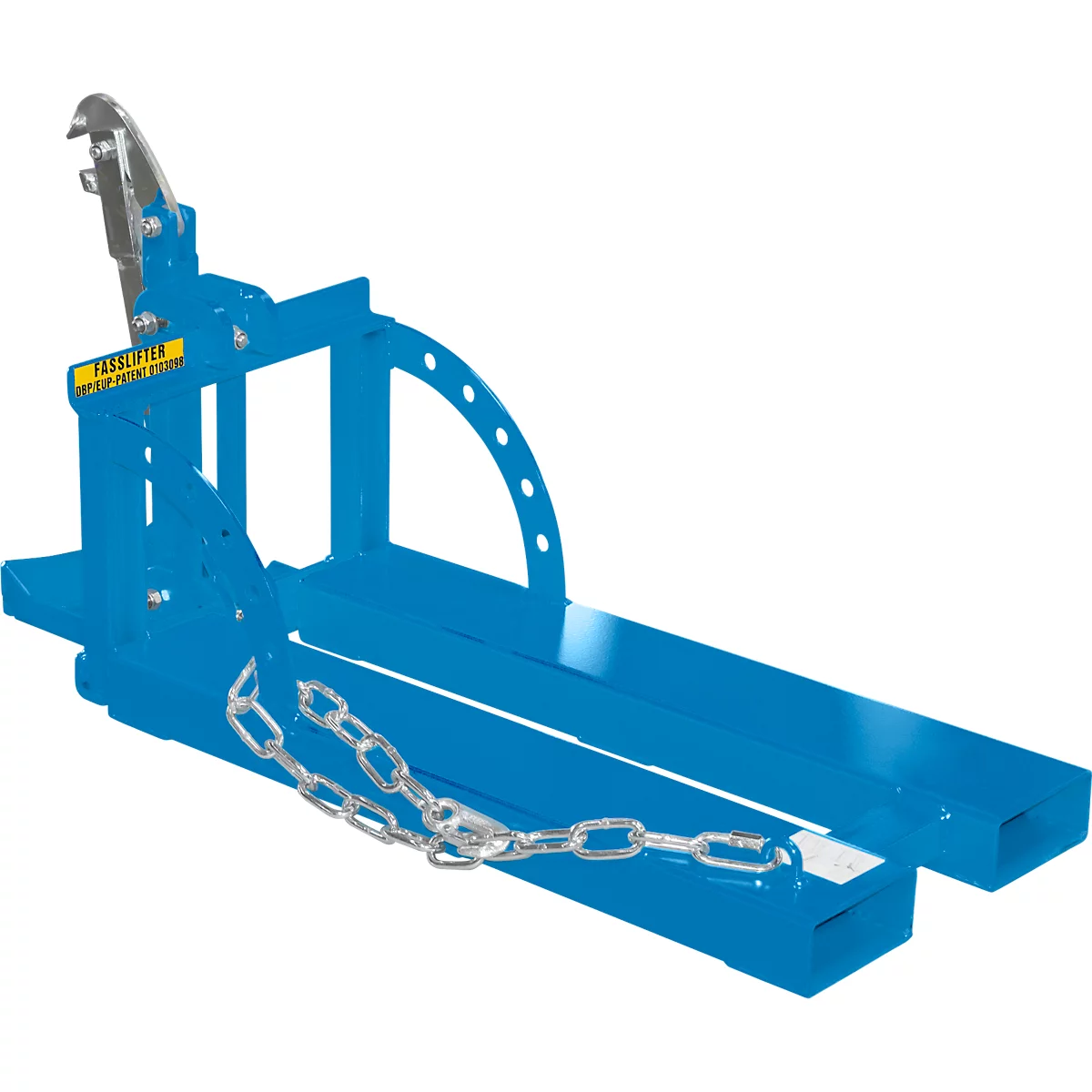 Lève-fûts Bauer RS 60-I, pour chariot élévateur, 1 fût de 60 litres, L 1050 x l 410 x H 460 mm, jusqu'à 100 kg, acier, bleu clair