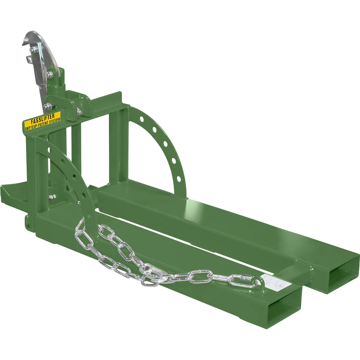 Lève-fûts Bauer RS 60-I, pour chariot élévateur, 1 fût de 60 litres, L 1050 x l 410 x H 460 mm, jusqu'à 100 kg, acier, vert réséda
