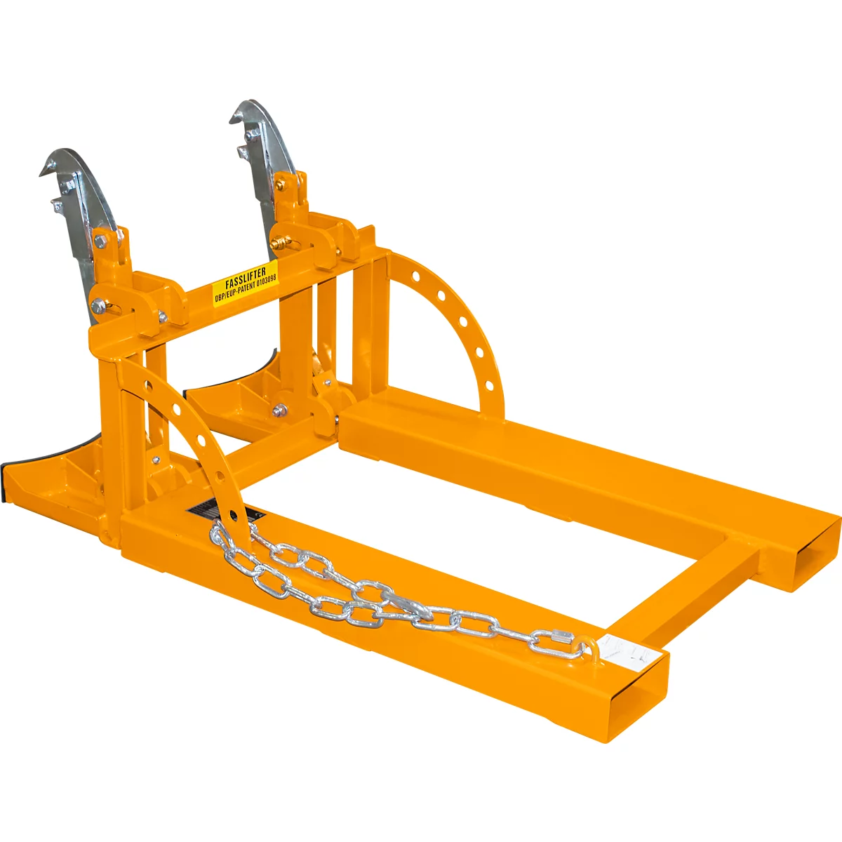 Lève-fûts Bauer RS 60-II, pour chariot élévateur, 2x fûts de 60 l, L 1050 x l 650 x H 460 mm, jusqu'à 200 kg, acier, jaune orangé