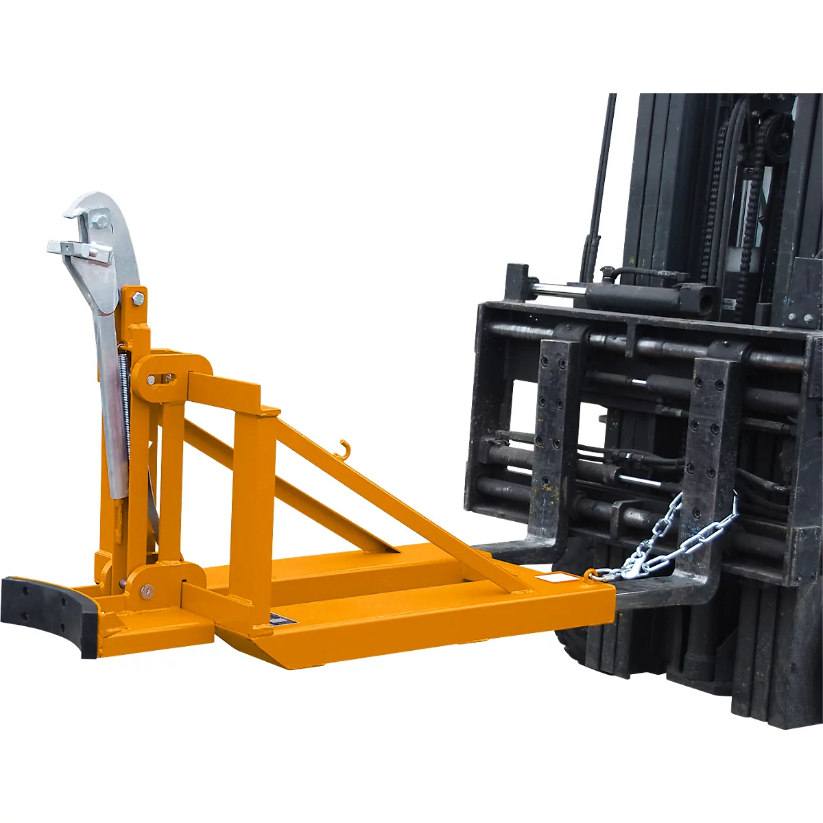 Lève-fûts Bauer RS-I/91, pour chariot élévateur, 1 fût de 200/220 l, L 1295 x l 585 x H 925 mm, jusqu'à 800 kg, acier, jaune orangé