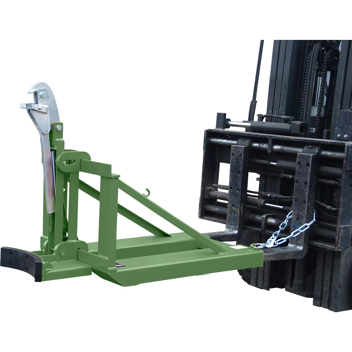 Lève-fûts Bauer RS-I/91, pour chariot élévateur, 1 fût de 200/220 l, L 1295 x l 585 x H 925 mm, jusqu'à 800 kg, acier, vert réséda