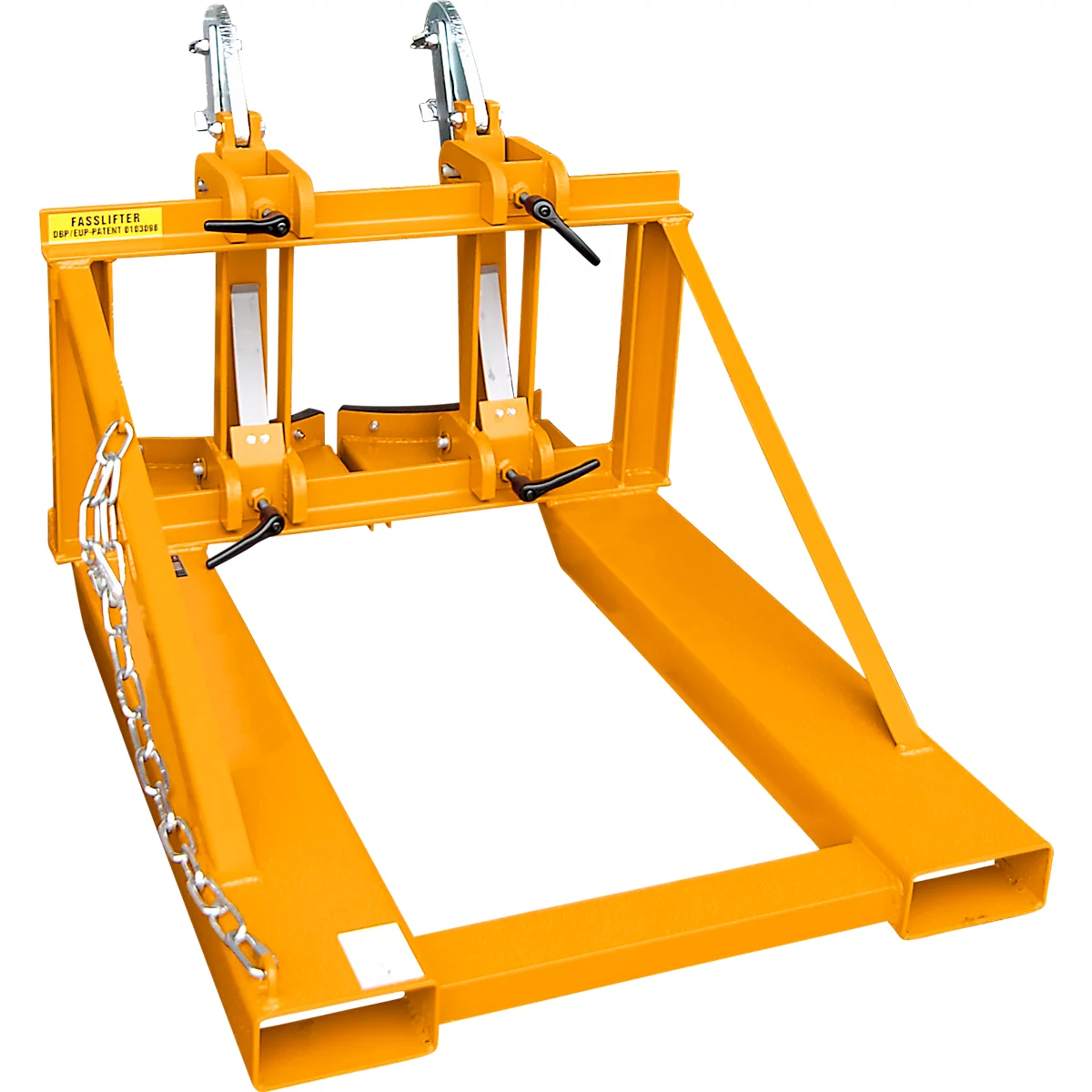 Lève-fûts Bauer RS-II/D 91, pour chariot élévateur, 2 fûts à couvercle de 110 à 200 l, L 1285 x l 940 x H 810 mm, jusqu'à 1600 kg, acier, jaune orangé