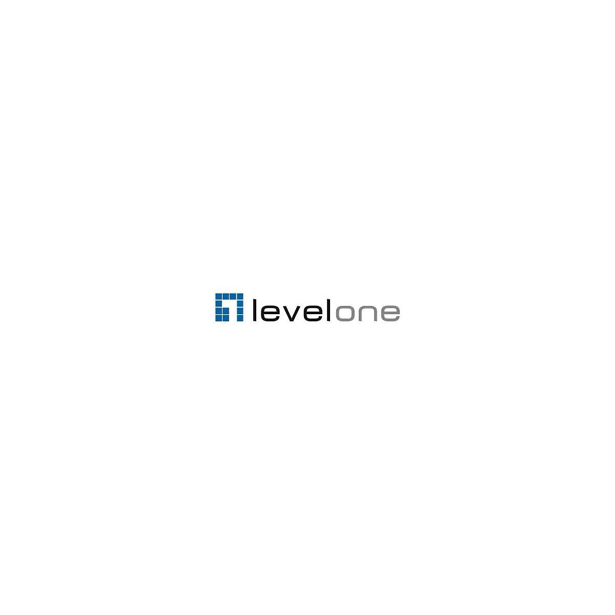 Blaues Logo bestehend aus Quadraten links neben dem Schriftzug levelone in schwarzer und grauer Farbe.