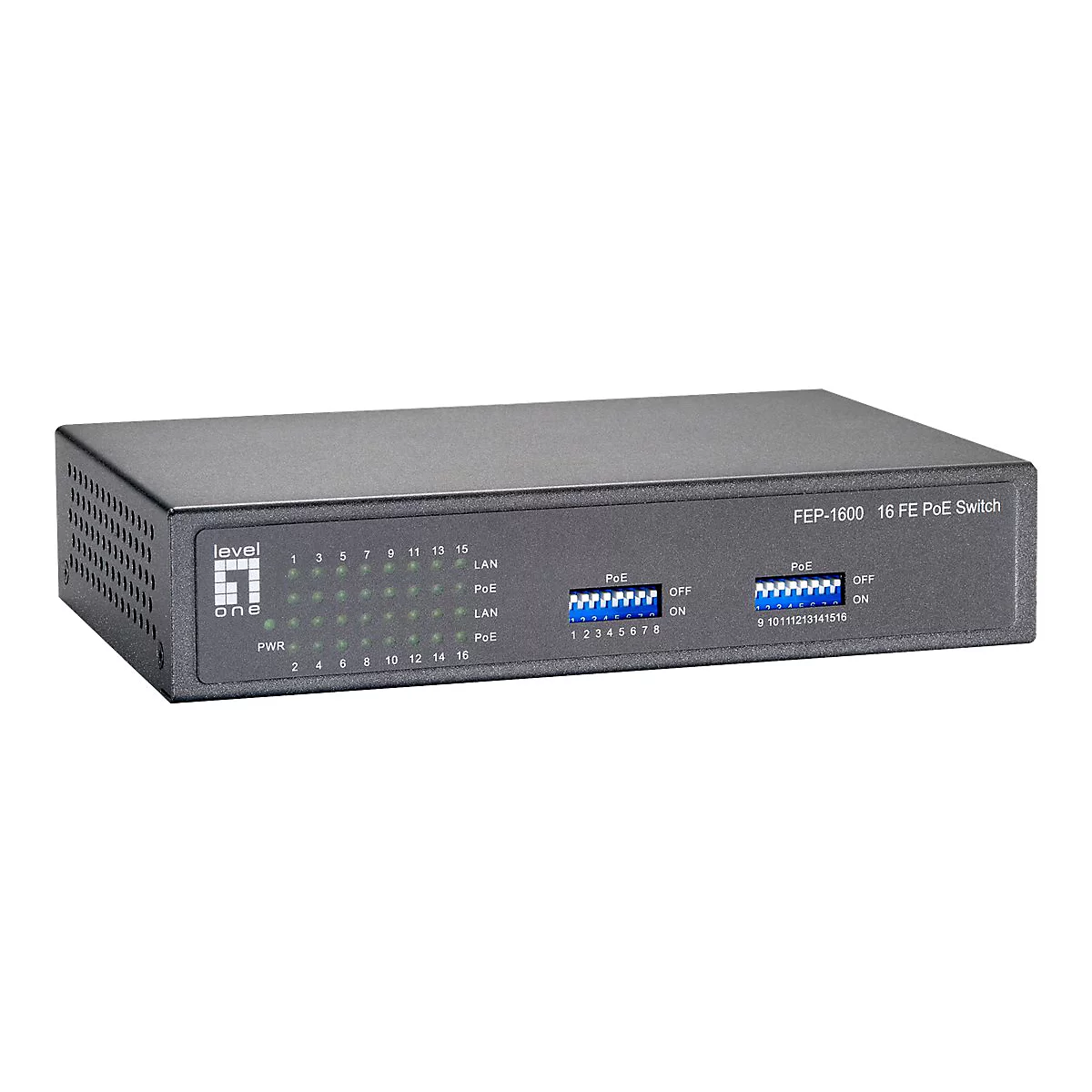 Schwarzer 16-Port PoE Netzwerk-Switch von LevelOne mit DIP-Schaltern auf der Vorderseite.