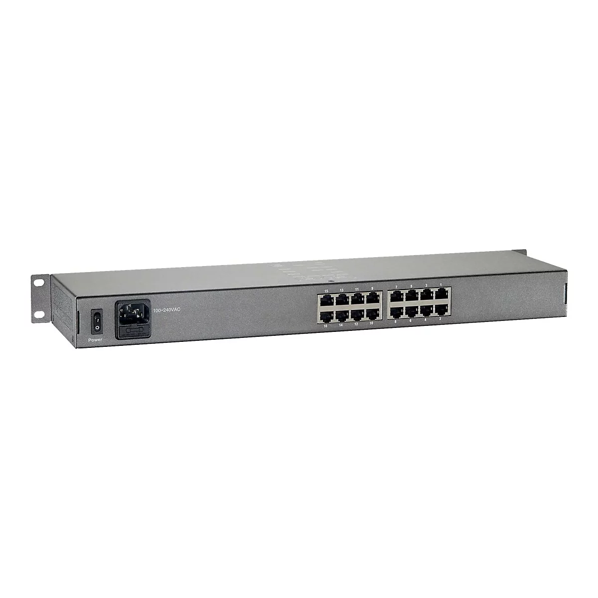 Grauer Netzwerk-Switch für Rack-Montage mit Stromanschluss und 16 nummerierten Ethernet-Ports.