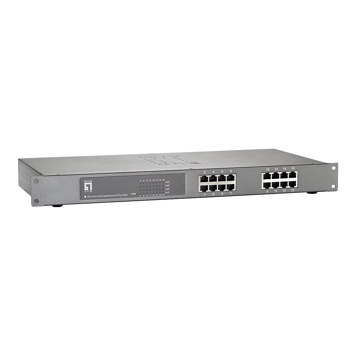 Grauer 19-Zoll LevelOne PoE-Switch mit 16 Ports vor weißem Hintergrund.