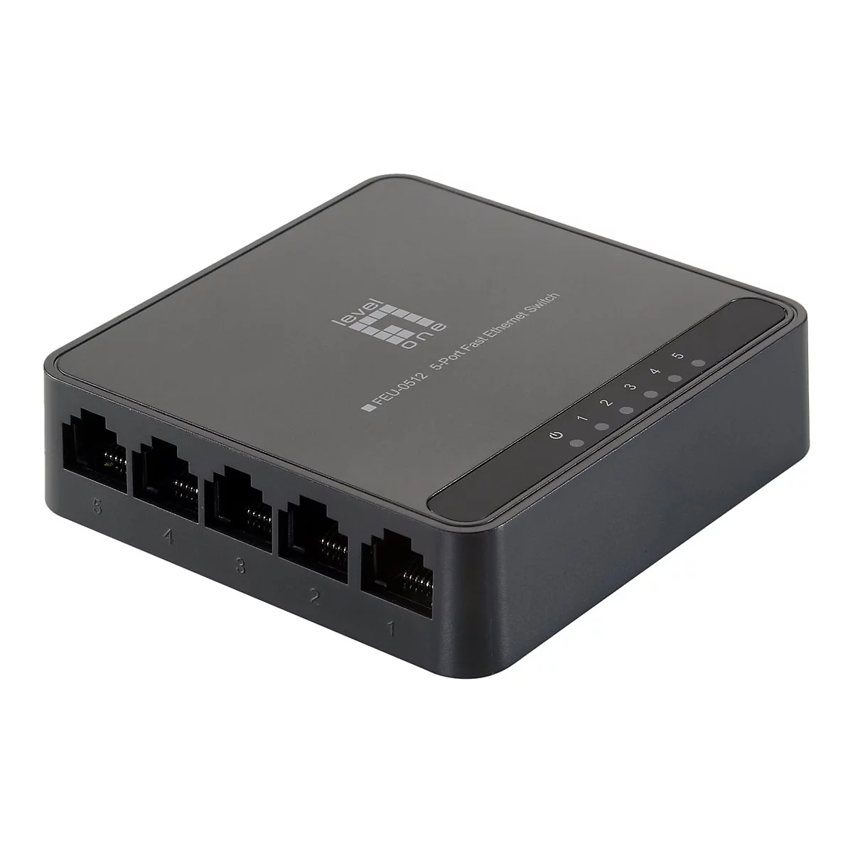 Schwarzer 5-Port Fast Ethernet Switch von LevelOne vor weißem Hintergrund.