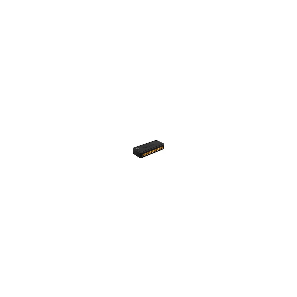 Schwarzer Netzwerk-Switch mit gelben Anschlüssen, seitlicher Blickwinkel, auf weißem Hintergrund.