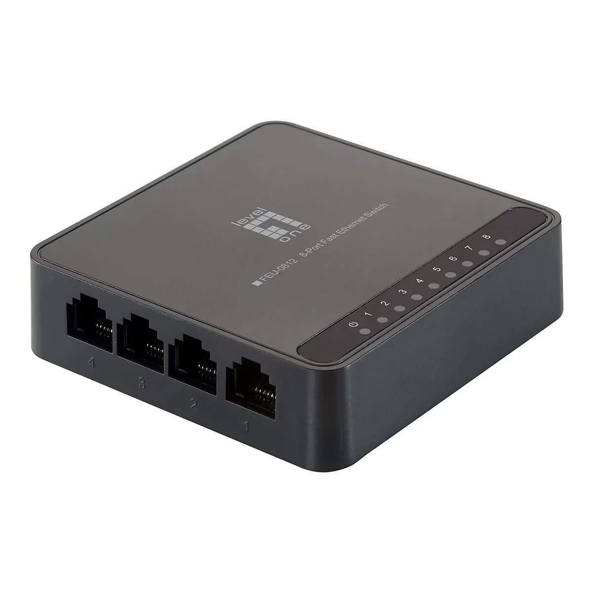 Grauer, quadratischer LevelOne 8-Port Fast Ethernet Switch mit vier vorderen LAN-Anschlüssen und Status-LEDs.