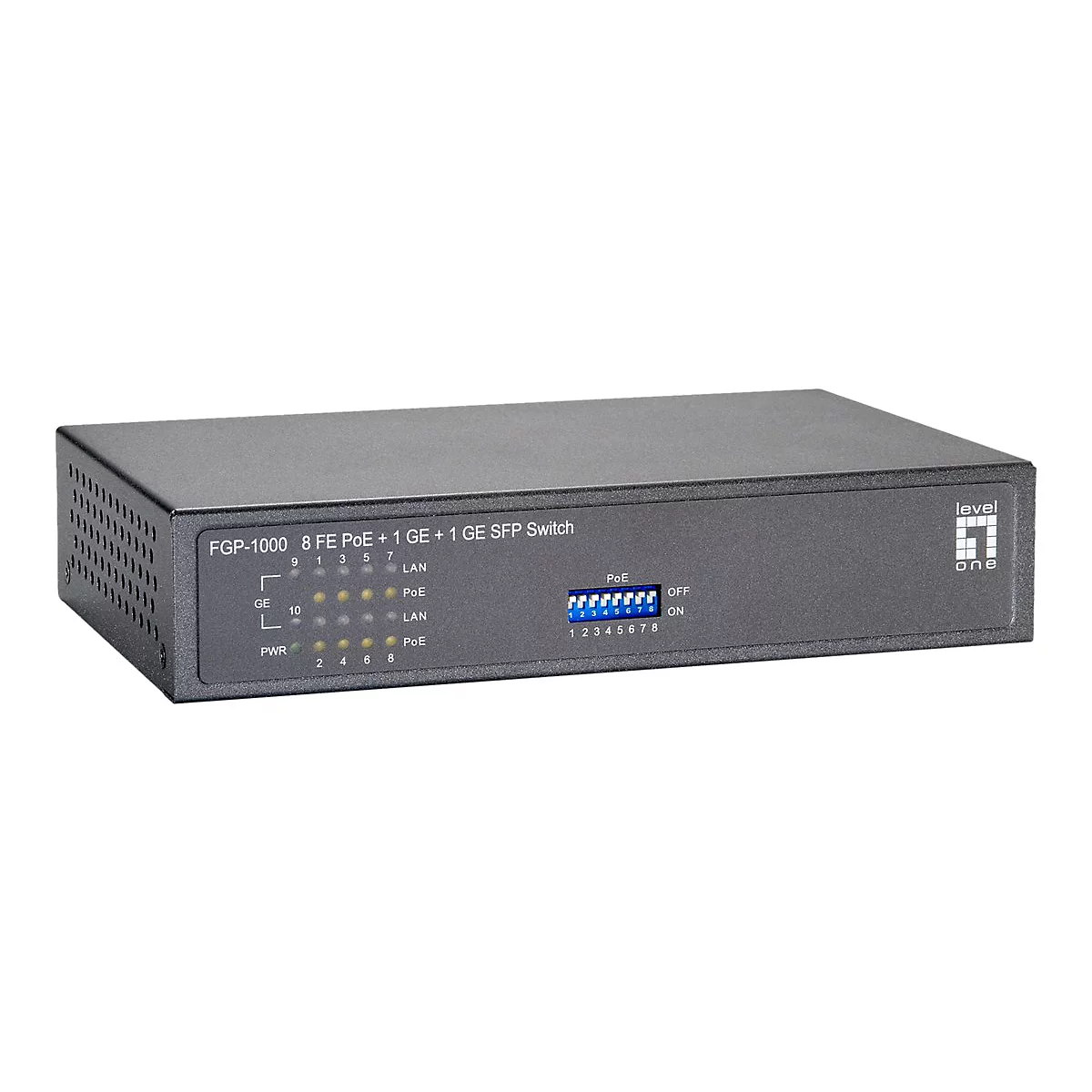 Schwarzer LevelOne FGP-1000 Netzwerk-Switch mit Status-LEDs und PoE-DIP-Schaltern auf weißem Hintergrund.