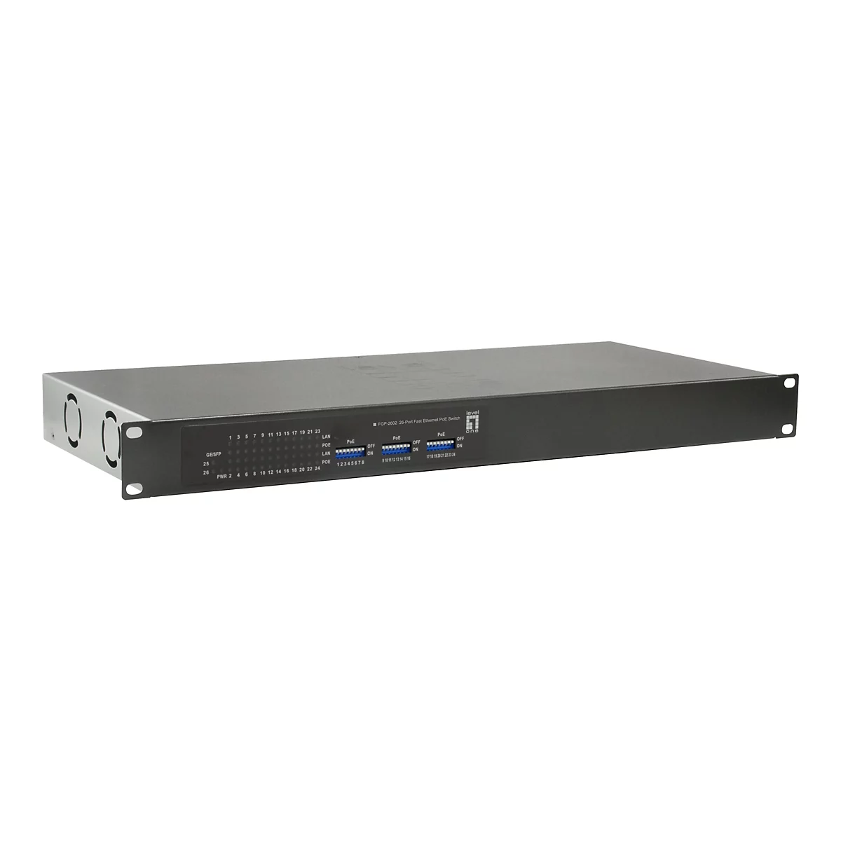 Schwarzer 26-Port Fast Ethernet PoE-Switch von LevelOne in 19-Zoll-Gehäuse vor weißem Hintergrund.