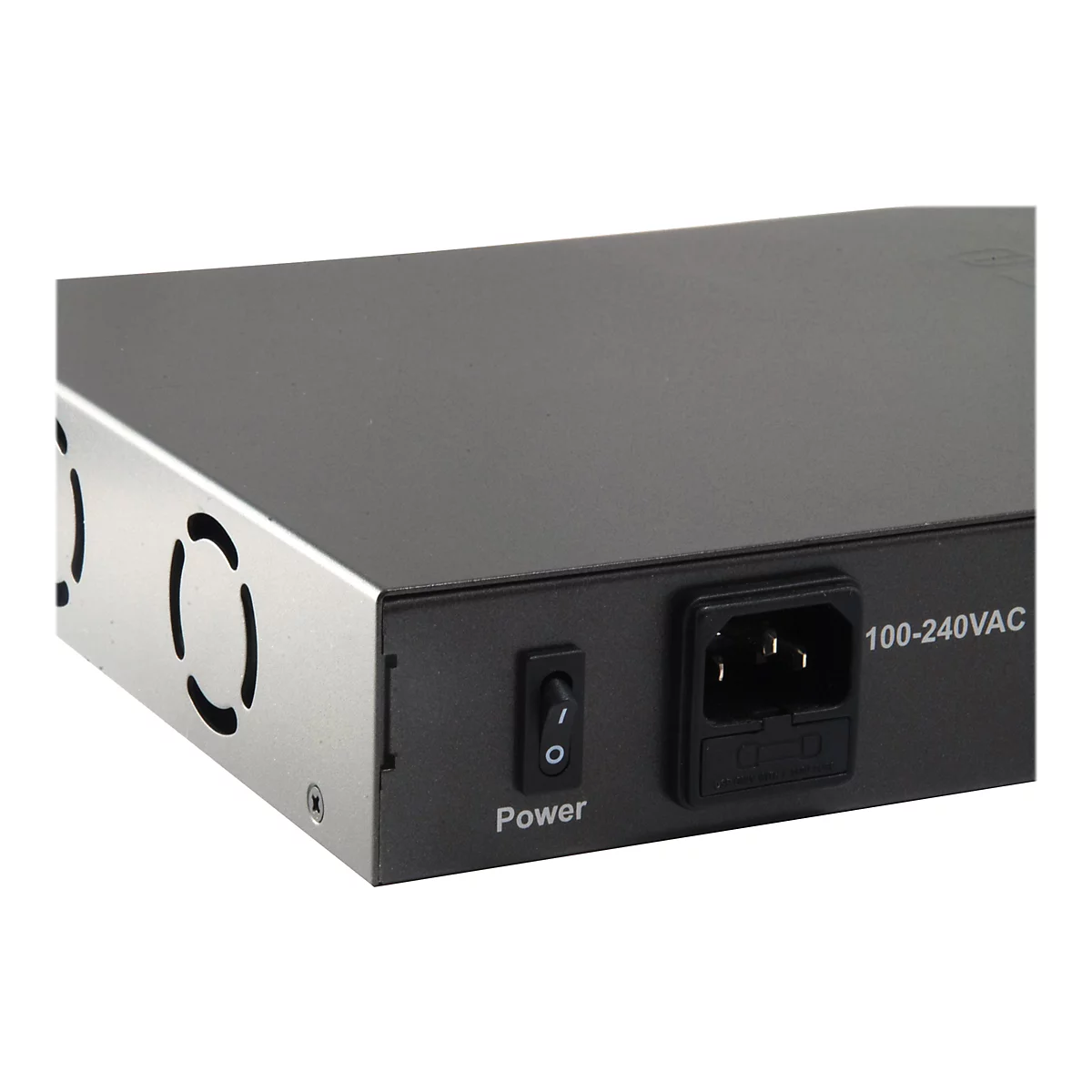 Rückseite eines schwarzen Netzwerk-Switches mit Kaltgerätestecker-Anschluss und Power-Schalter.