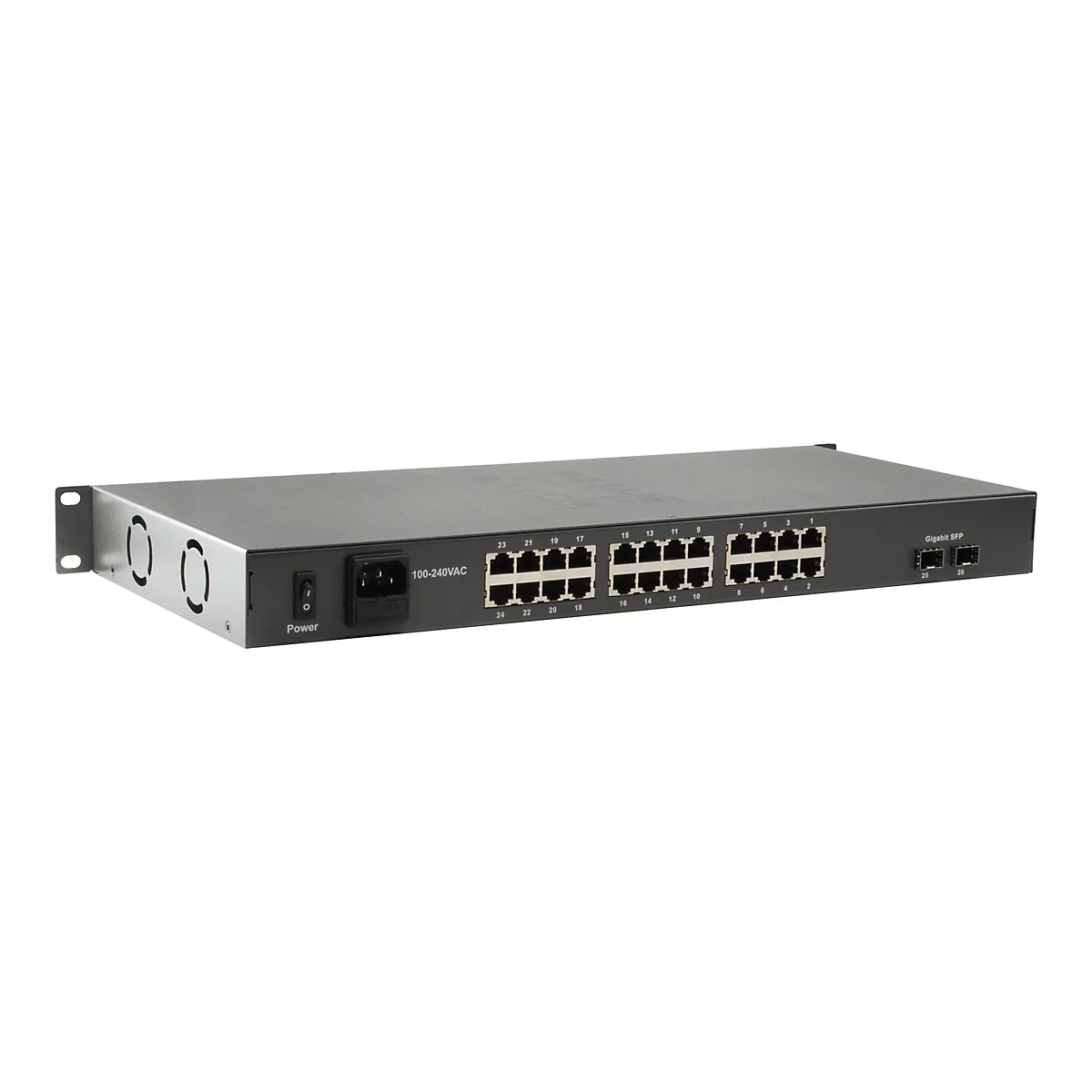 Schwarzer Netzwerk-Switch mit 24 Ethernet-Ports, zwei SFP-Anschlüssen und Netzschalter vor weißem Hintergrund.