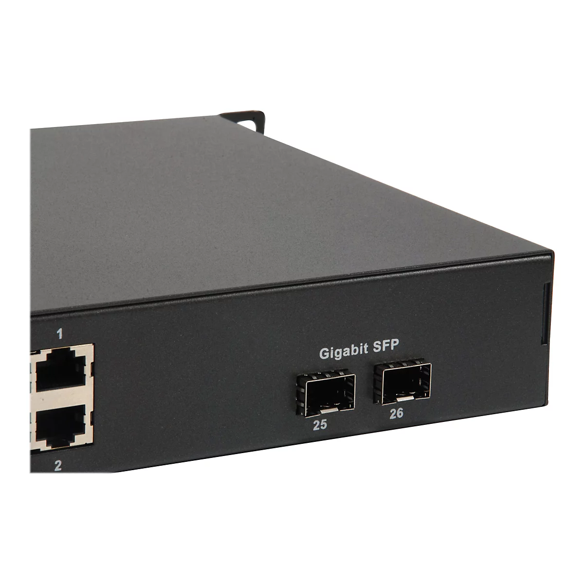 Nahaufnahme eines schwarzen Netzwerk-Switches mit zwei Gigabit-SFP-Ports und nummerierten Anschlüssen.