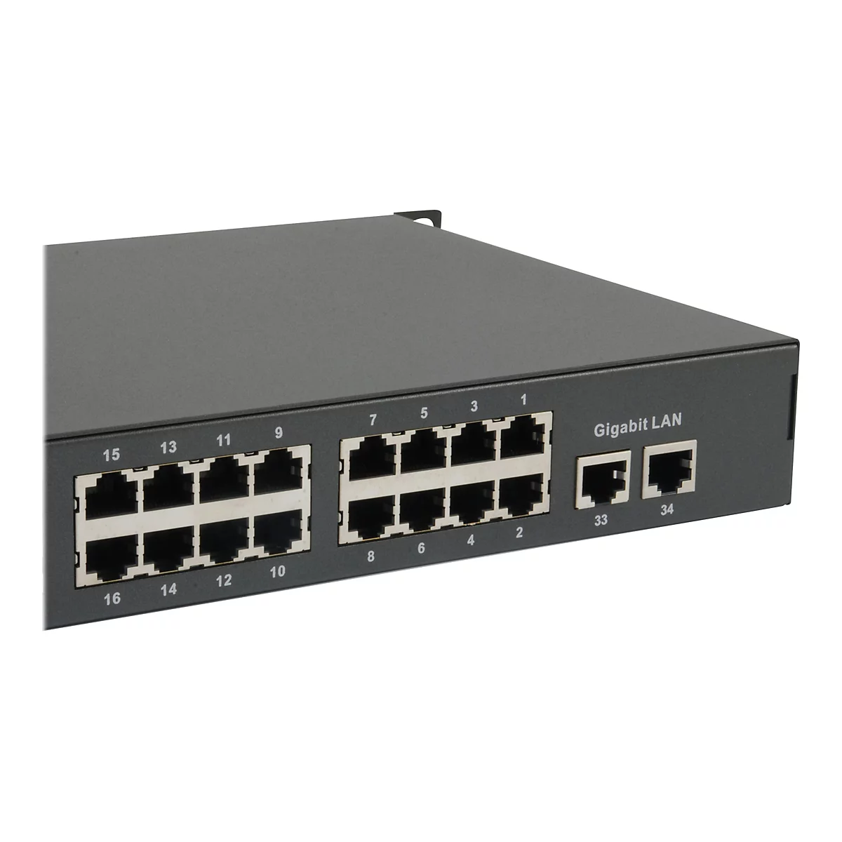 Schwarzer Netzwerk-Switch mit nummerierten RJ45-Ports und Gigabit-LAN-Beschriftung auf weißem Hintergrund.