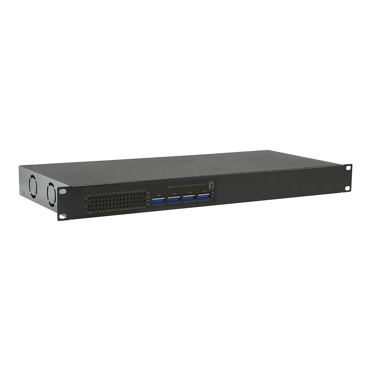 Schwarzer 34-Port Fast Ethernet PoE Switch in einem Rackgehäuse vor weißem Hintergrund.