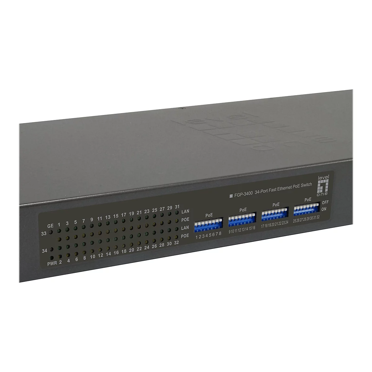 LevelOne FGP-3400 34-Port Fast Ethernet PoE Switch in grau mit Netzwerkanschlüssen und Status-LEDs.