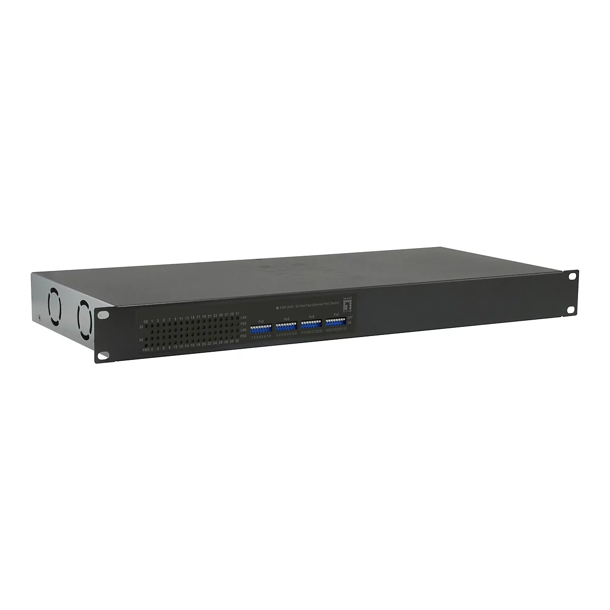 Schwarzer 34-Port Fast Ethernet PoE Switch von LevelOne, frontale Ansicht vor weißem Hintergrund.