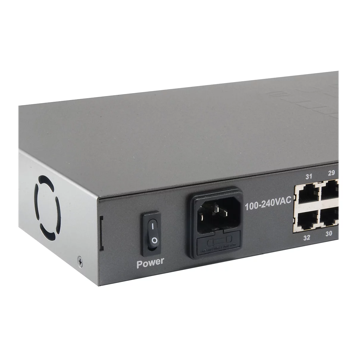 Rückseite eines grauen Netzwerk-Switches mit Netzschalter, Stromanschluss und Ethernet-Ports.