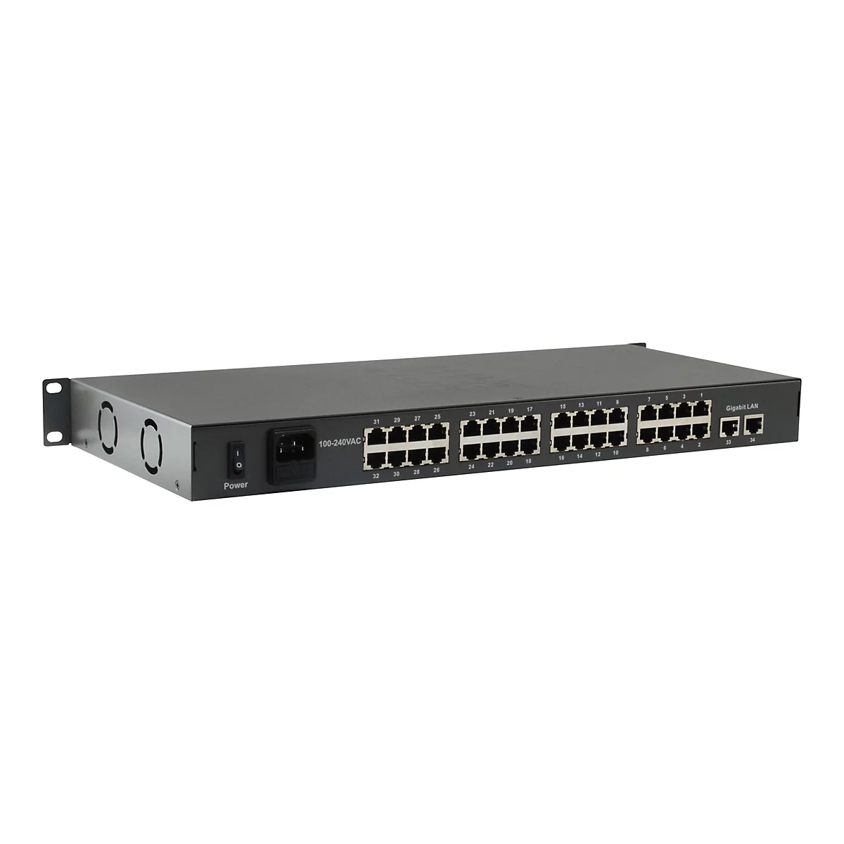 Schwarzer Netzwerk-Switch im Rack-Gehäuse mit zahlreichen LAN-Anschlüssen, Stromanschluss und Kippschalter.