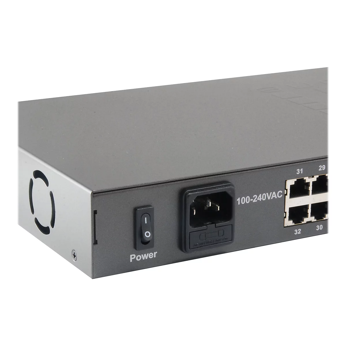 Detaillierte Nahaufnahme eines grauen Netzwerk-Switches mit Ein-/Ausschalter, Stromanschluss und Ethernet-AnschlÃ¼ssen.