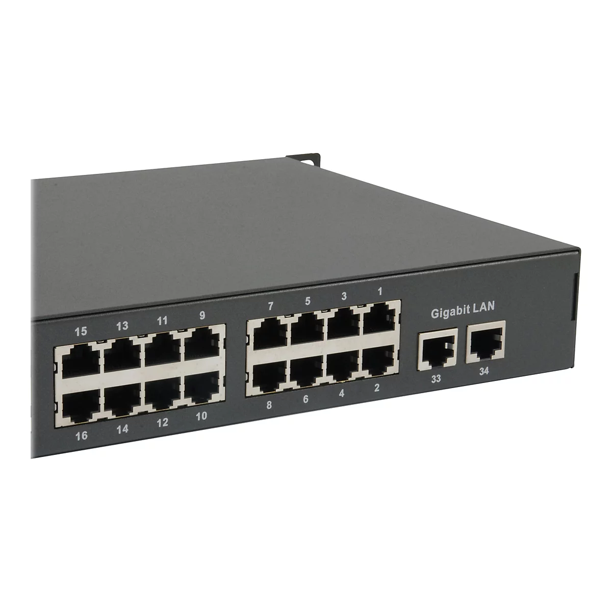 Ein schwarzer Gigabit-LAN-Switch mit mehreren Ethernet-Ports, beschriftet mit Nummern.