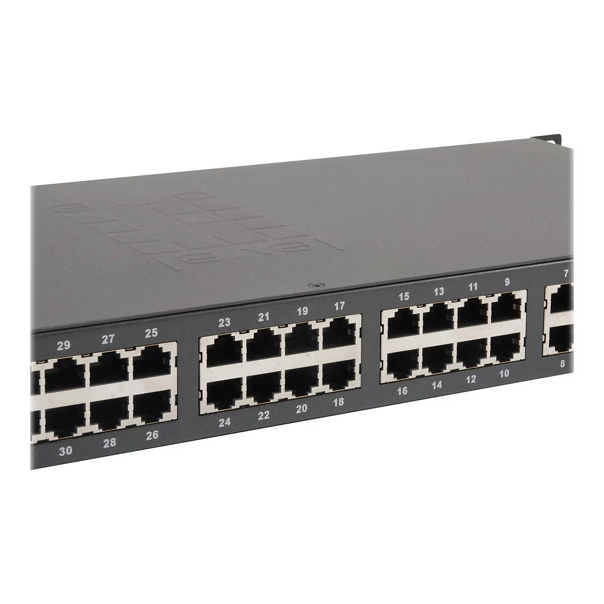Grauer Netzwerk-Switch mit zahlreichen AnschlÃ¼ssen und nummerierten Ports.