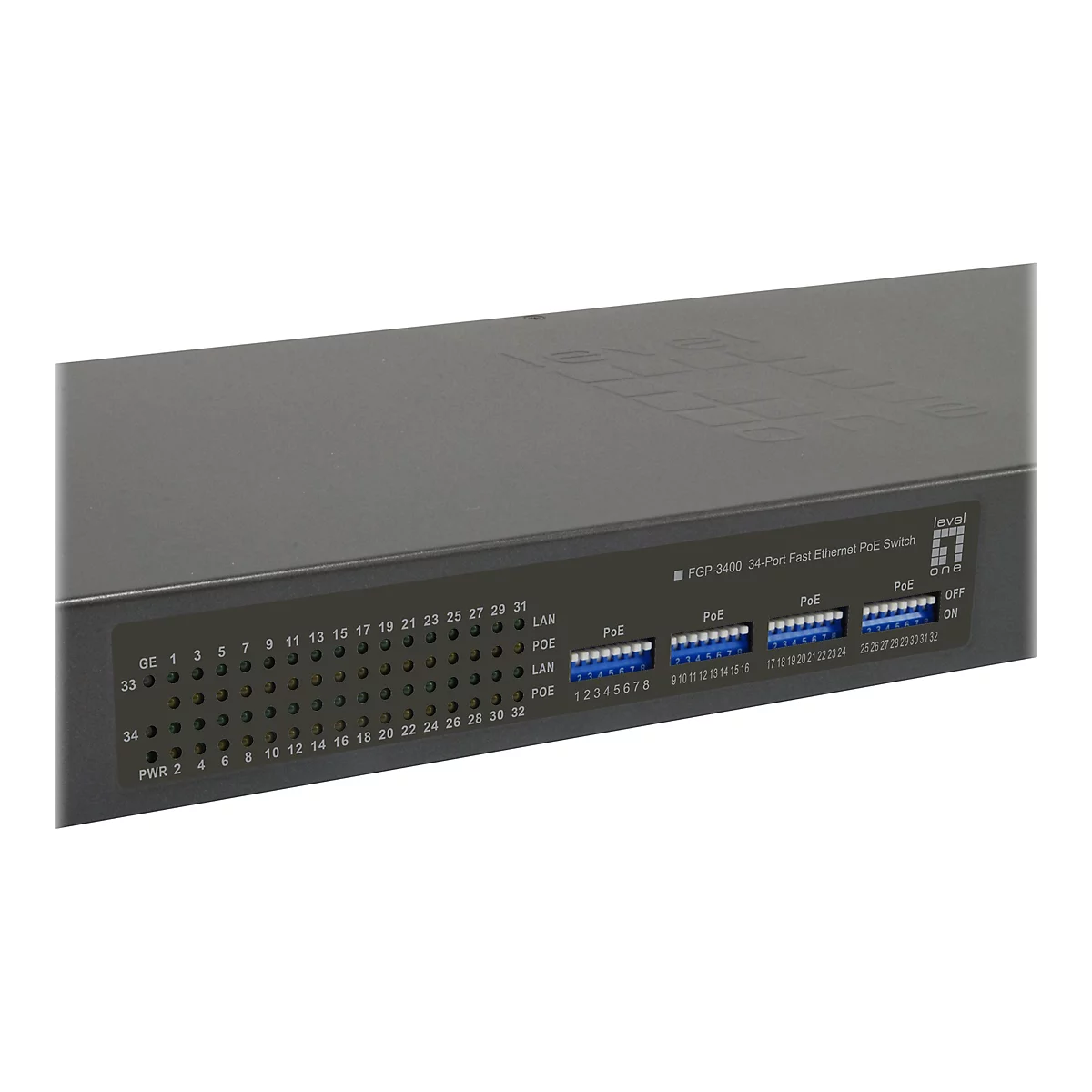 Ein schwarzer Netzwerk-Switch mit AnschlÃ¼ssen und Beschriftungen: PoE, LAN, Portnummern und Modelldetails.