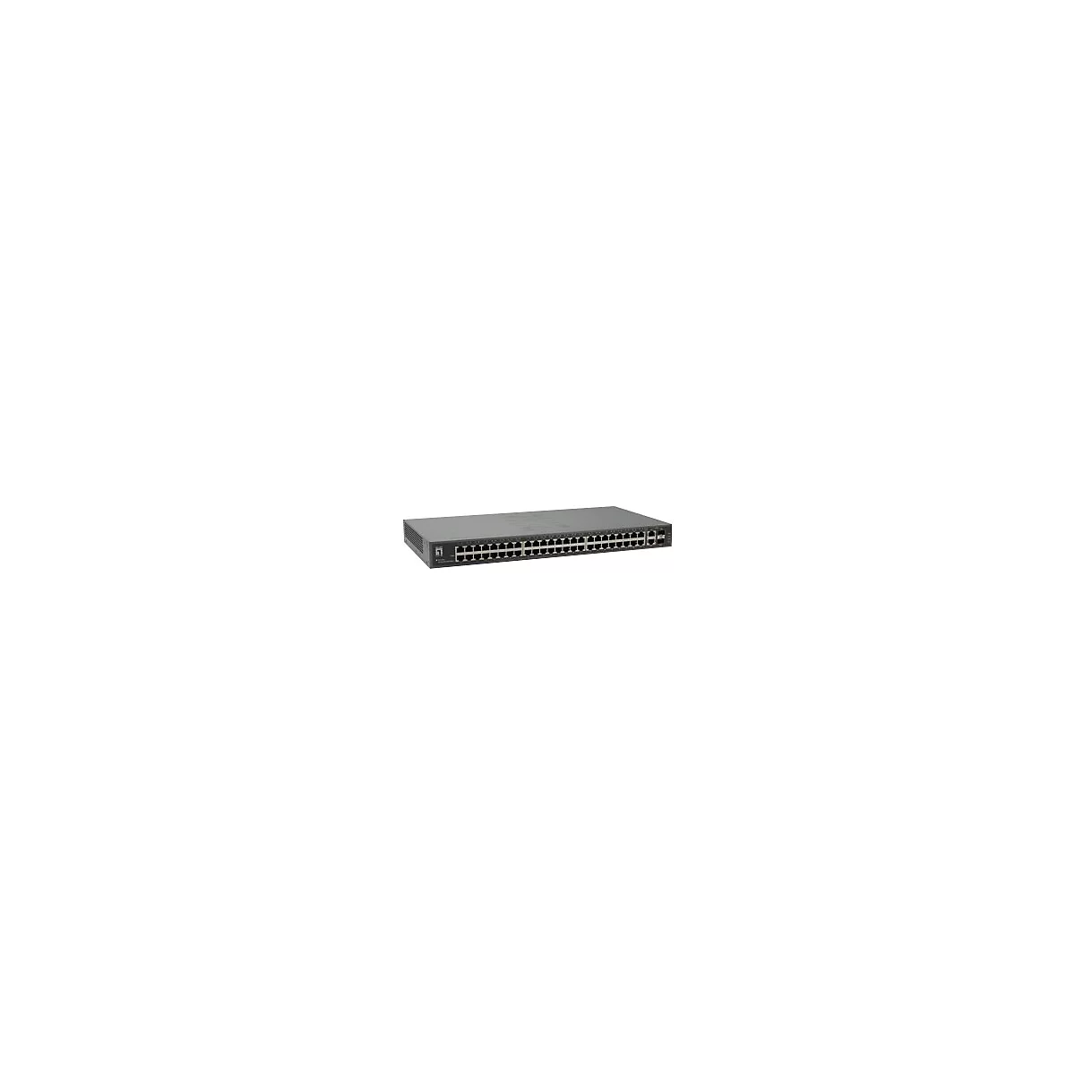 Grauer Netzwerk-Switch mit vielen Ethernet-Anschlüssen an der Vorderseite, isoliert vor weißem Hintergrund.