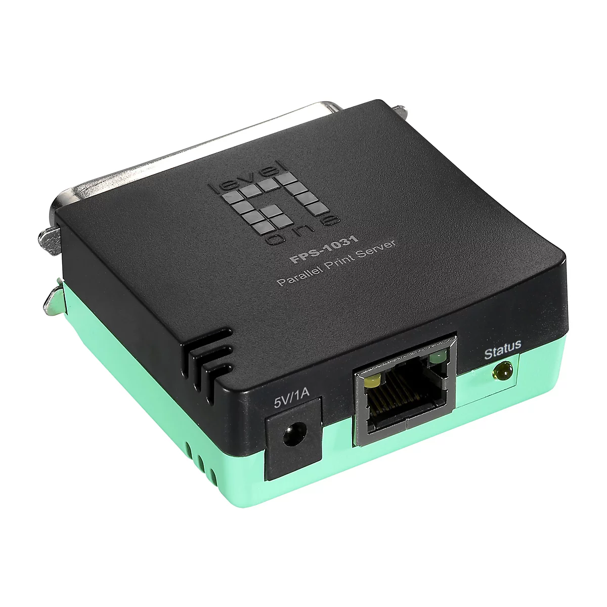 LevelOne FPS-1031 Parallel Print Server mit schwarzem Gehäuse und minzgrüner Unterseite auf weißem Grund.