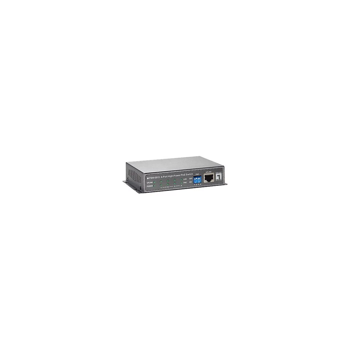 Grauer PoE-Switch mit Leuchten, AnschlÃ¼ssen und Beschriftung. Der Text lautet: FSW-0513 4-Port High-Power PoE Switch.