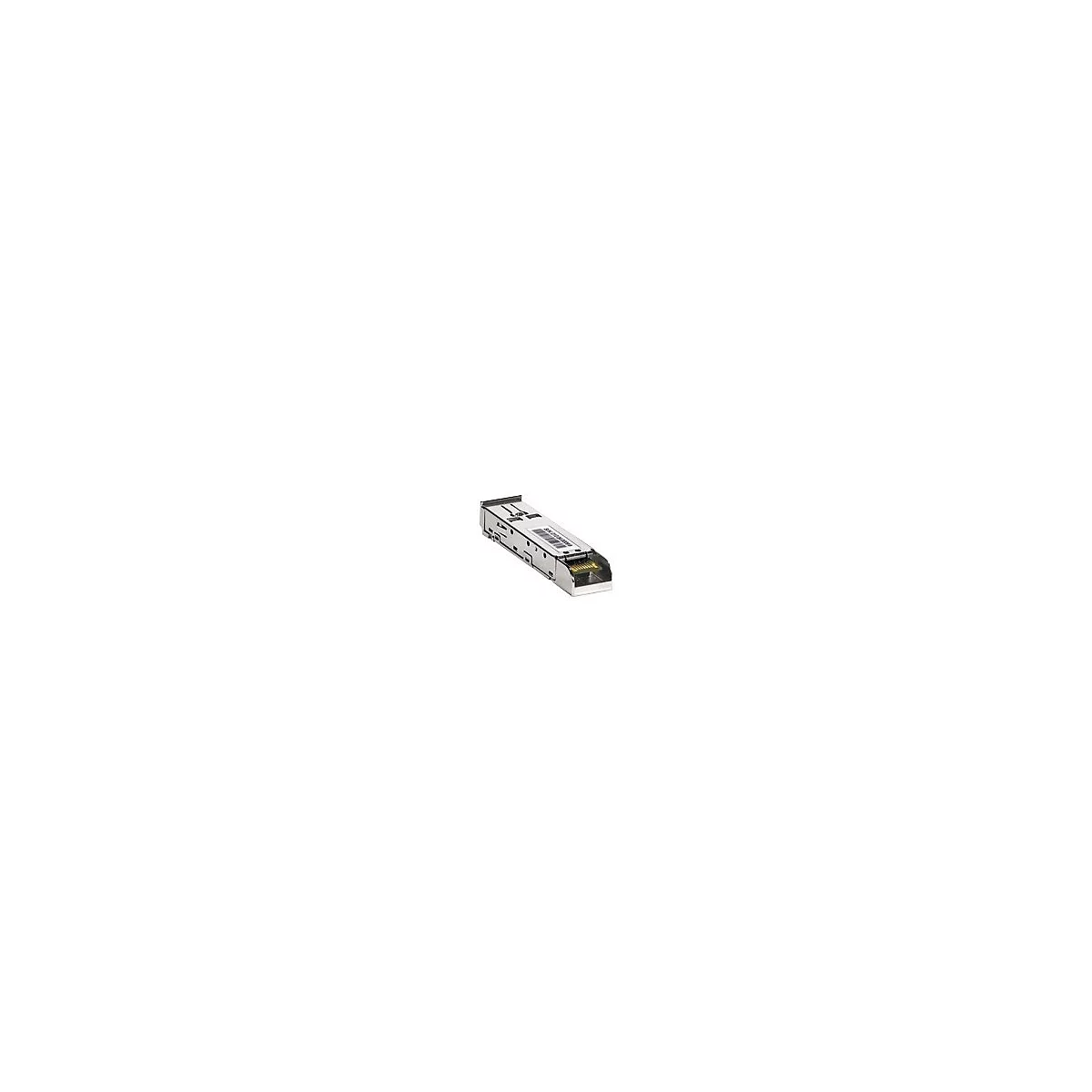 Ein metallfarbener SFP-Transceiver für Netzwerktechnik. Rechteckige Form, mit verschiedenen Anschlüssen.