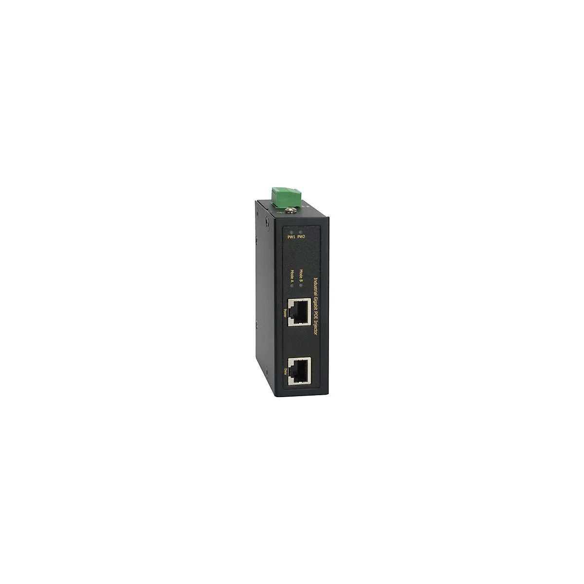 Ein schwarzer Netzwerk-Switch mit grÃ¼nen AnschlÃ¼ssen. Zwei NetzwerkanschlÃ¼sse, LED-Anzeigen und Beschriftung.