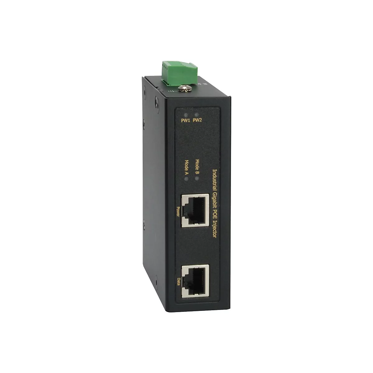 Ein schwarzer Industrial Gigabit PoE Injector vor weiÃŸem Hintergrund. Er hat zwei RJ45-AnschlÃ¼sse, ein grÃ¼nes Bauteil und Beschriftungen.