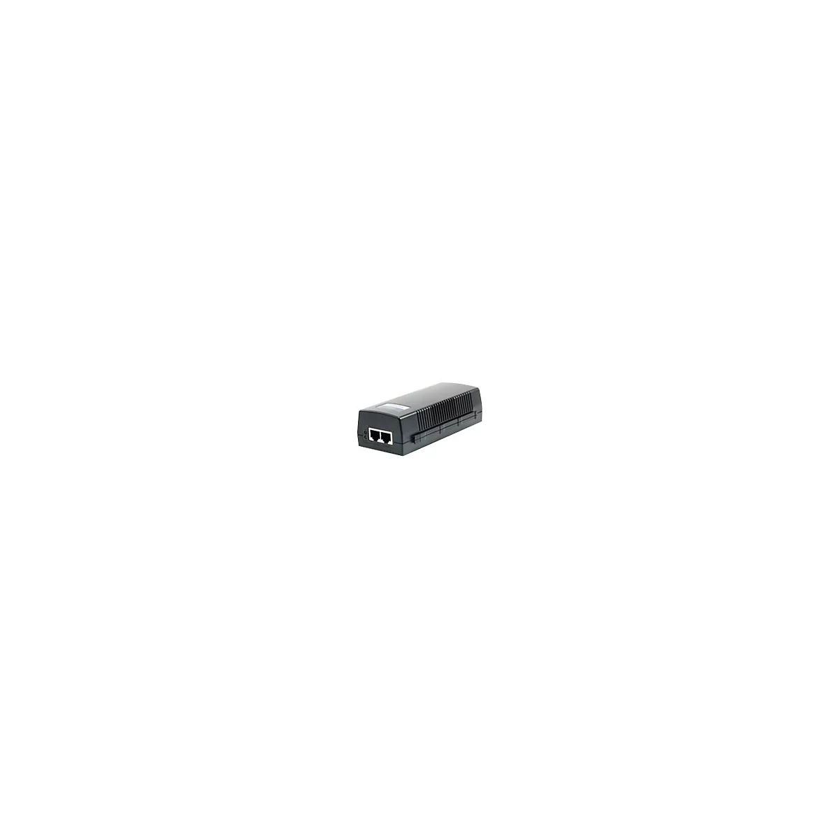 Schwarzer PoE-Injektor, zwei RJ45-AnschlÃ¼sse, rechteckige Form, geriffelte Oberseite.