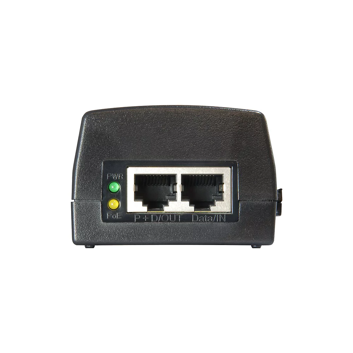 Schwarzer PoE-Adapter mit zwei Ethernet-AnschlÃ¼ssen, grÃ¼ner PWR- und gelber PoE-LED. Beschriftung: P+D/OUT, Data/IN.
