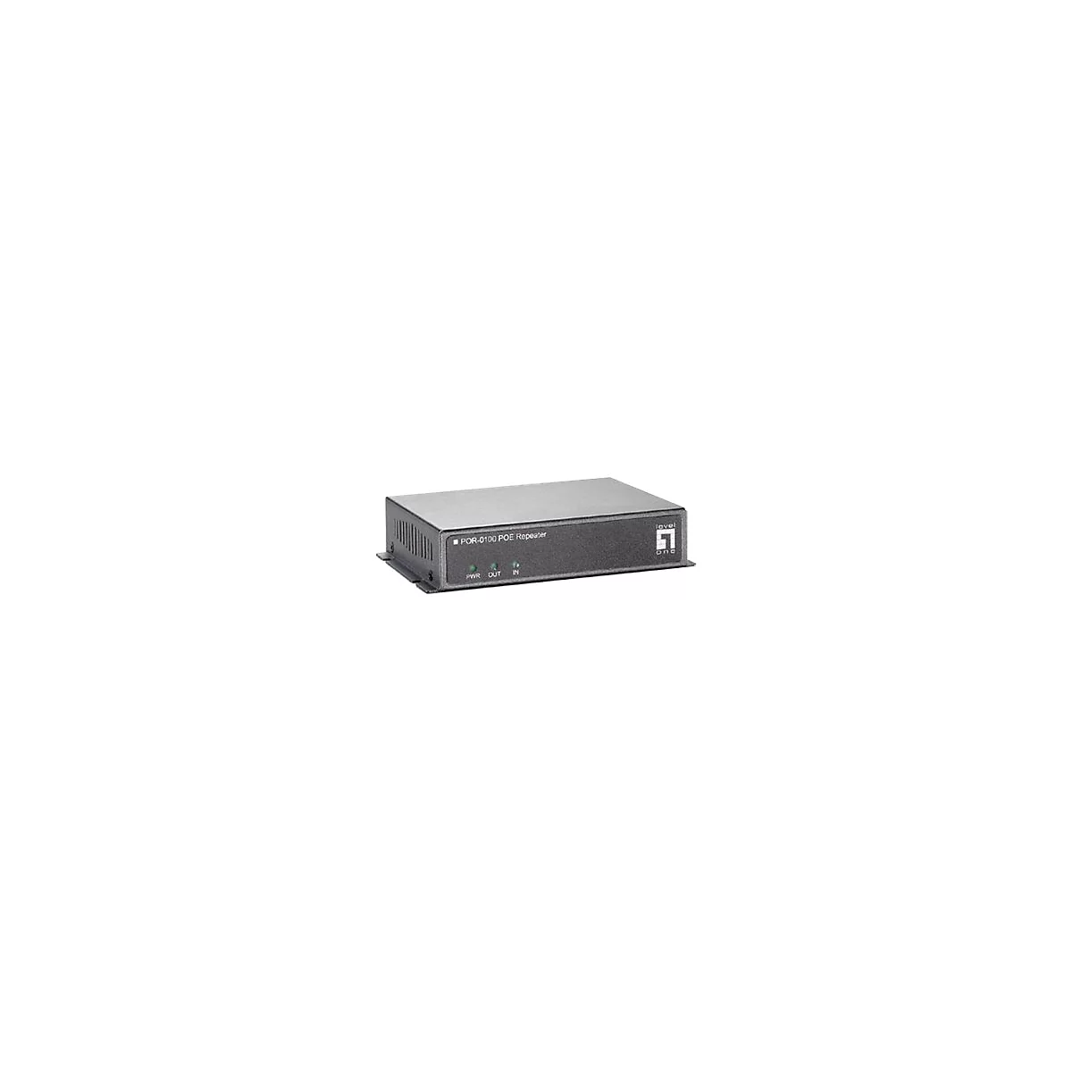 Schwarzer LevelOne POR-0100 PoE Repeater vor weißem Hintergrund mit Status-LEDs.
