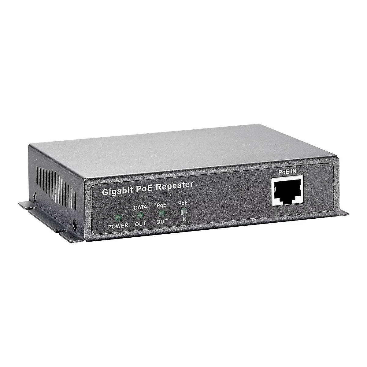 Grauer Gigabit PoE Repeater mit Beschriftungen und Kontrollleuchten. Aufschrift: Power, Data, PoE Out/In.