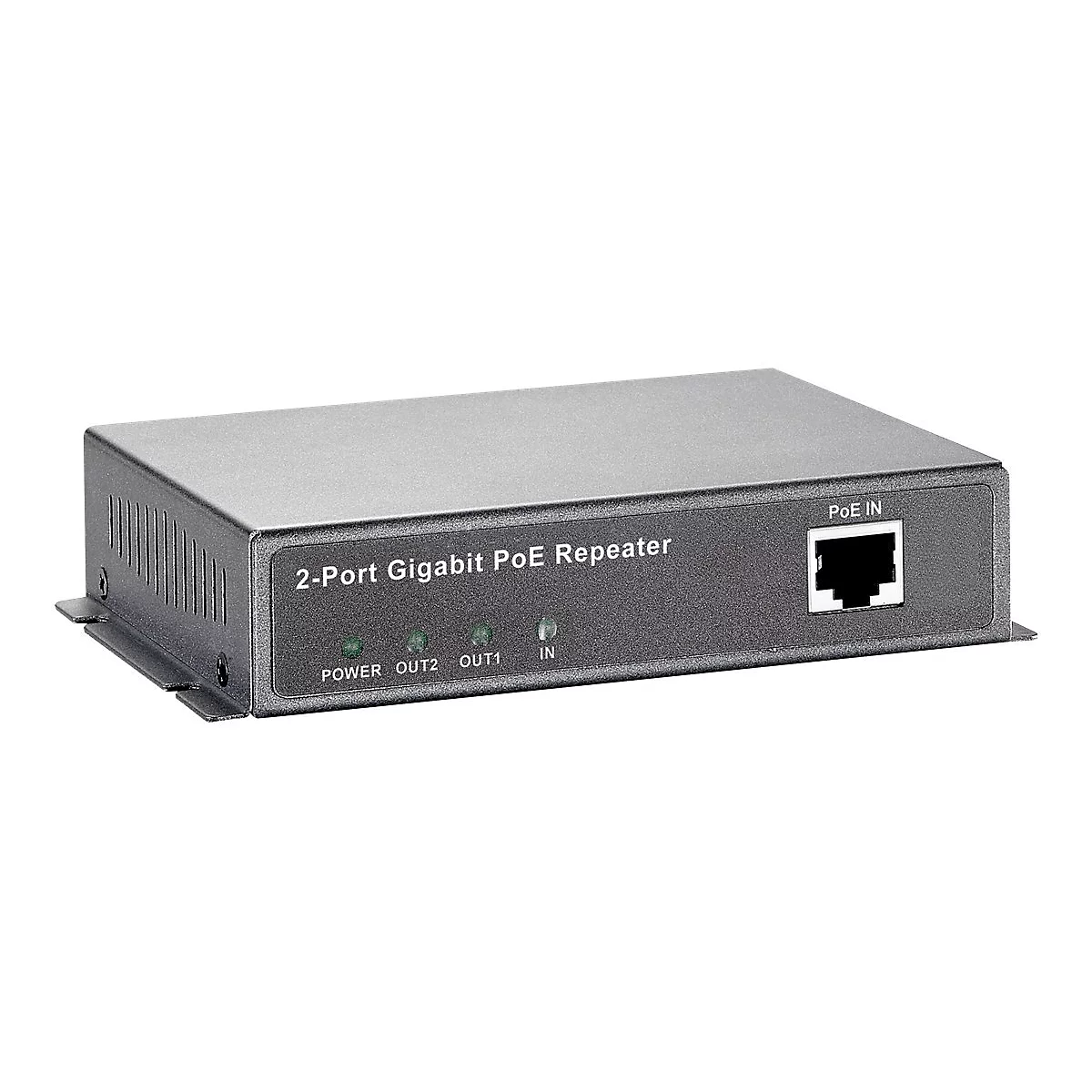 Grauer PoE-Repeater mit Text 2-Port Gigabit PoE Repeater. Oben rechts ein Ethernet-Anschluss.