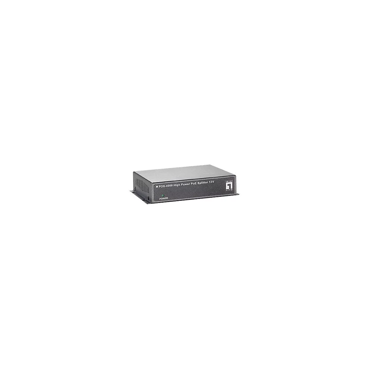 Schwarzer PoE-Splitter, graues GehÃ¤use, grÃ¼ne Power-LED. Beschriftung: POS-4000, High Power, PoE Splitter 12V.