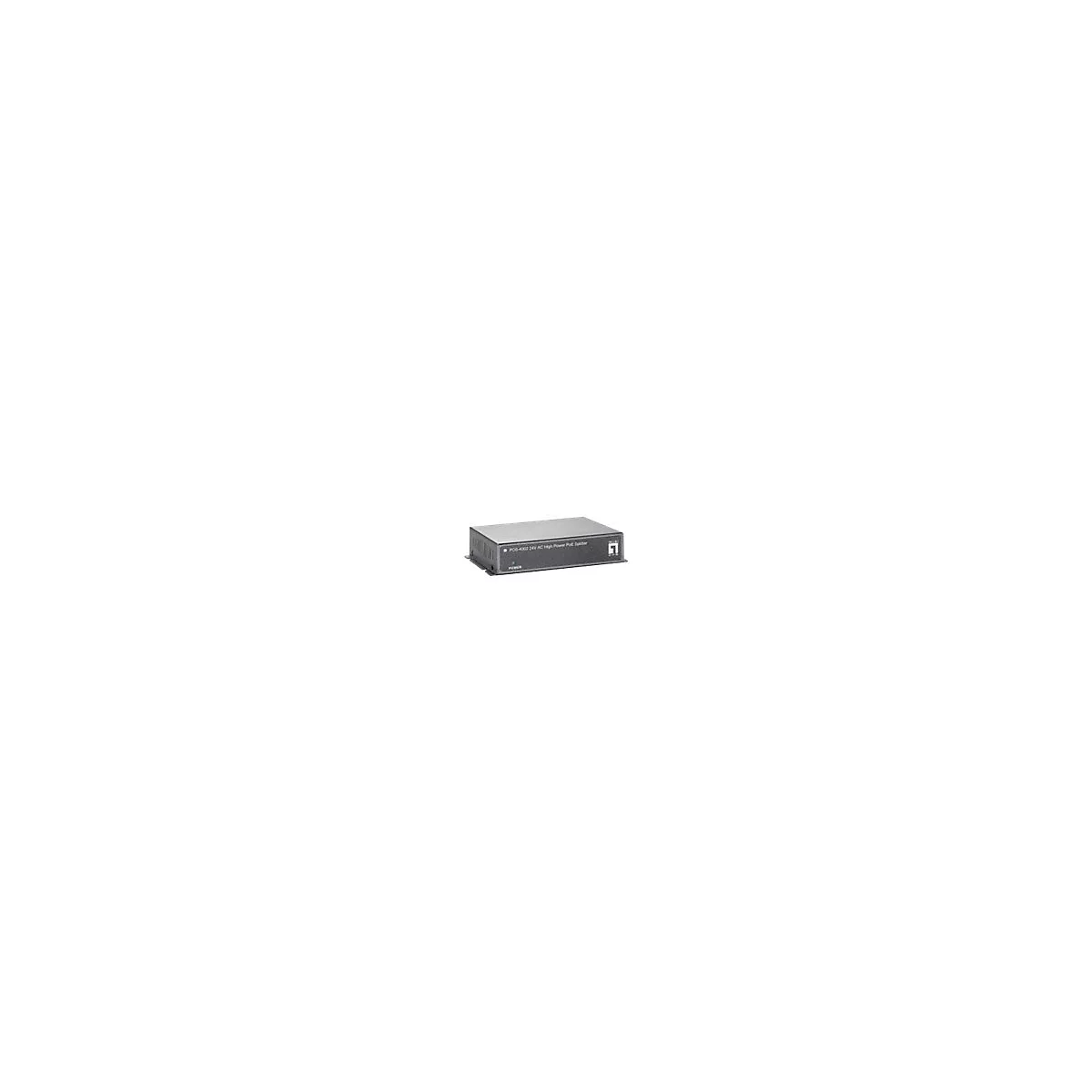 Ein rechteckiger, schwarzer PoE-Splitter mit der Aufschrift POS-4862 24V AC High Power PoE Splitter. Eine grÃ¼ne LED leuchtet daneben.