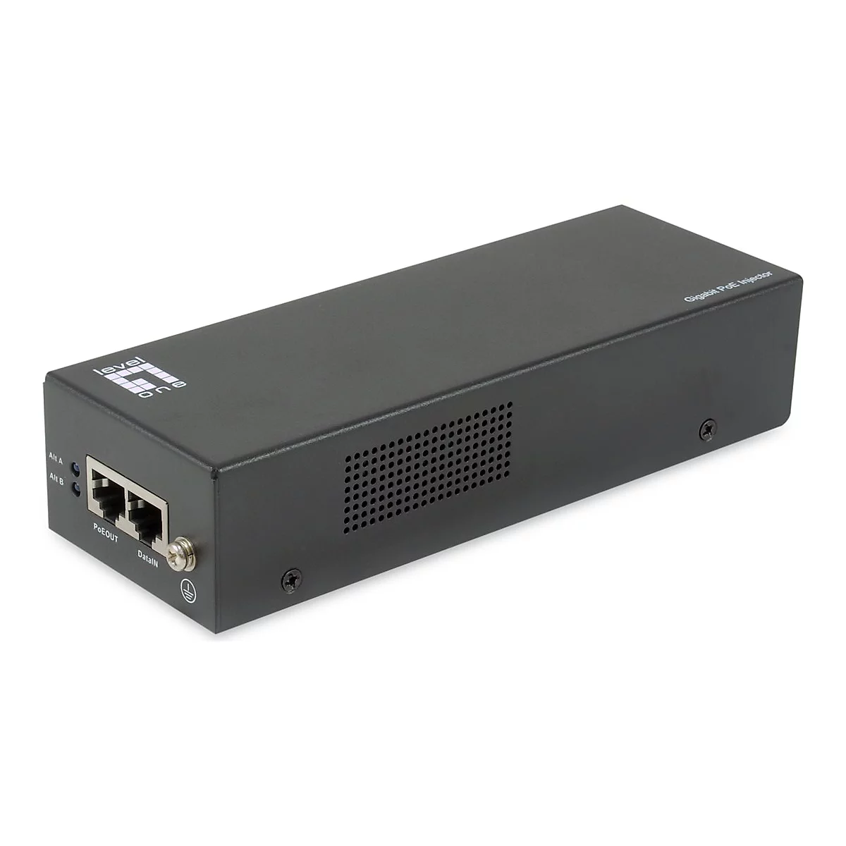 Schwarzer Ethernet-Konverter. Sichtbar sind AnschlÃ¼sse, LÃ¼ftungsschlitze und Beschriftung.