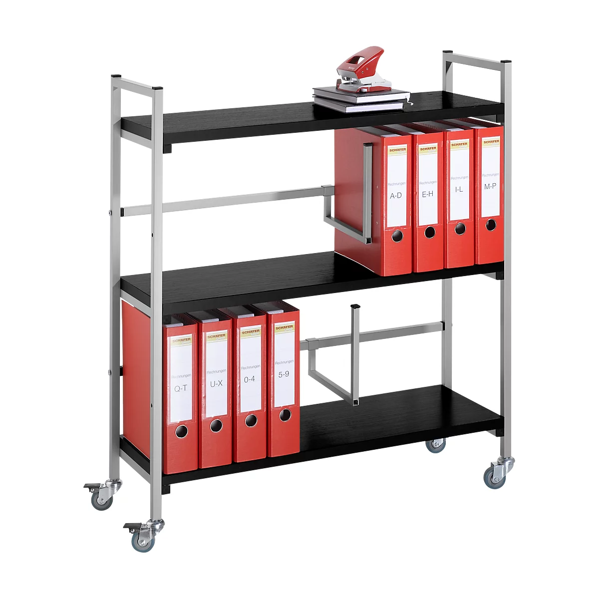 Black rolling shelf with red file folders and red stapler, ready for office use.