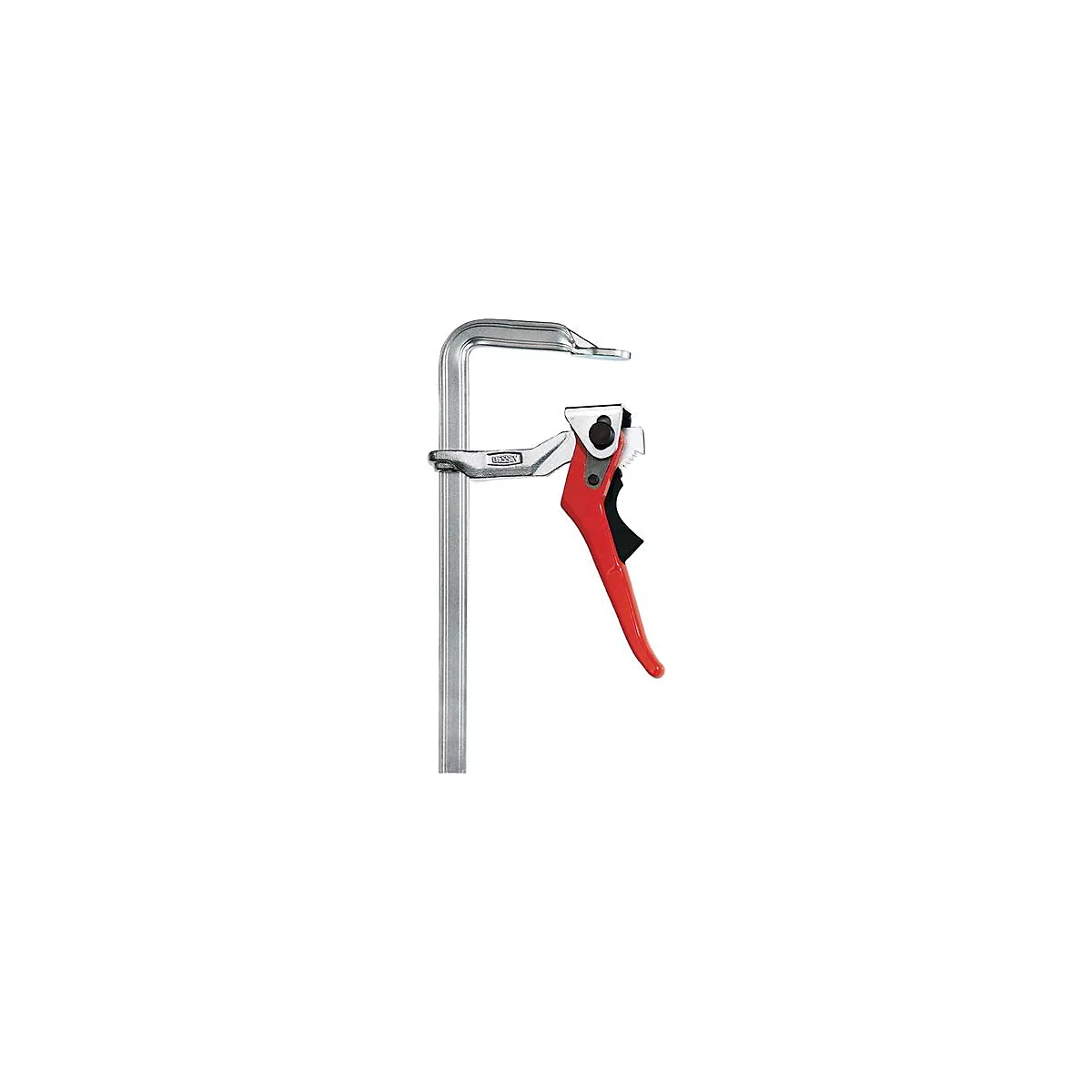 Metal clamp with red handle and black button. The tool is depicted against a white background.