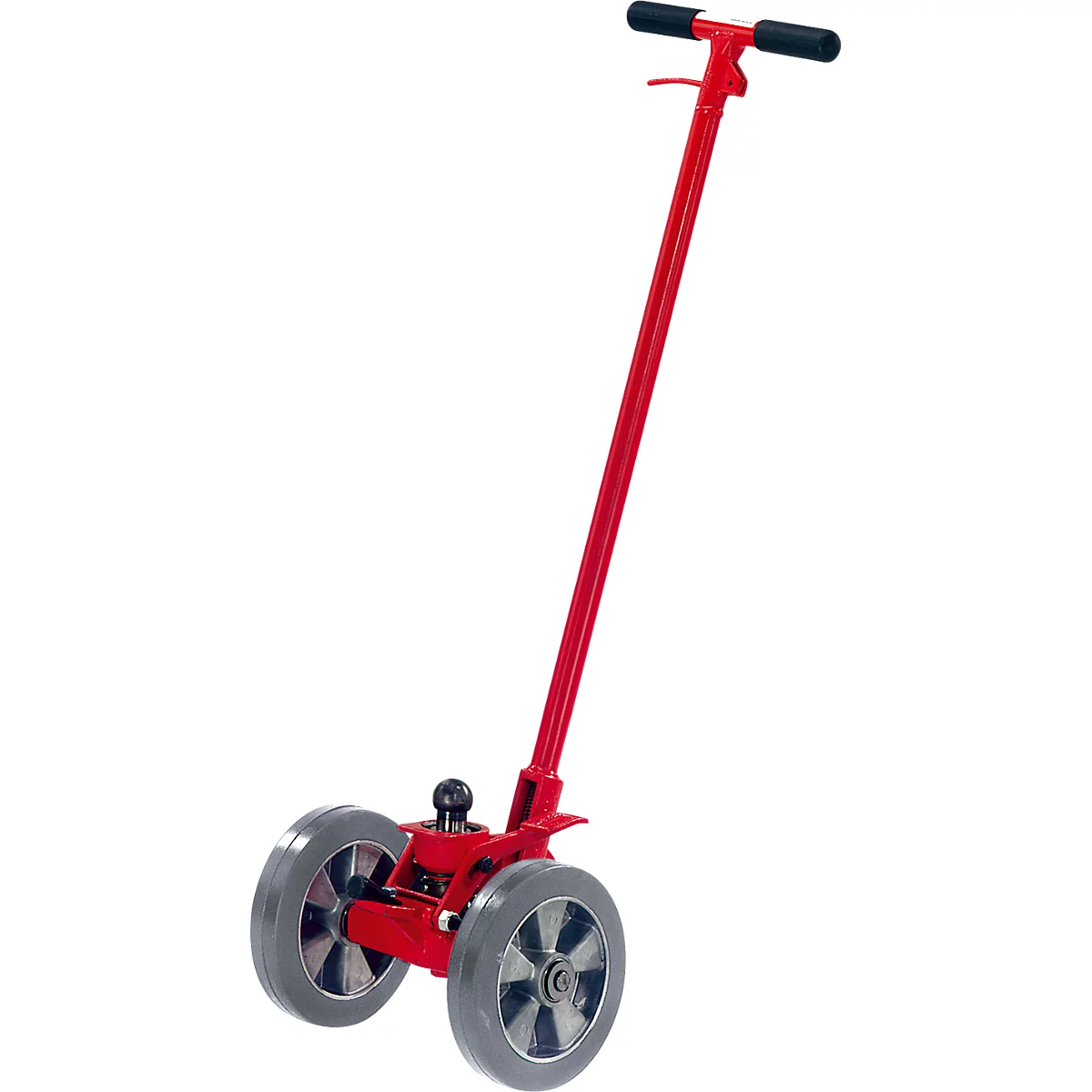 Red trailer mover with two wheels and handle. The handle has black grips. Gray base.