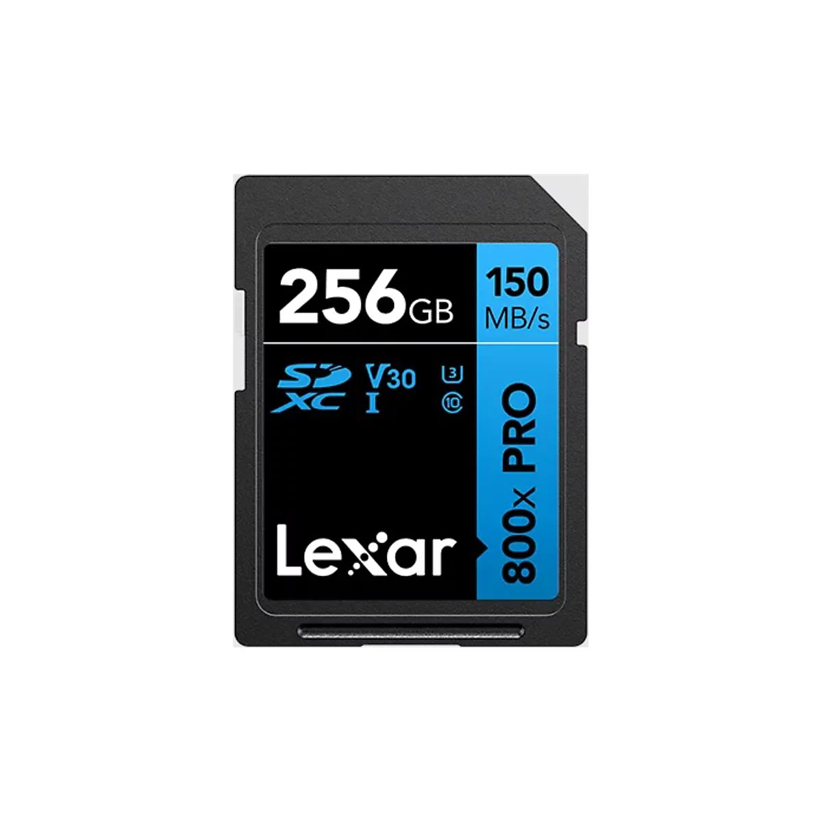SD-Karte von Lexar. Schwarz mit weißer Schrift: 256 GB, 150 MB/s, 800x PRO. Blaue Details.