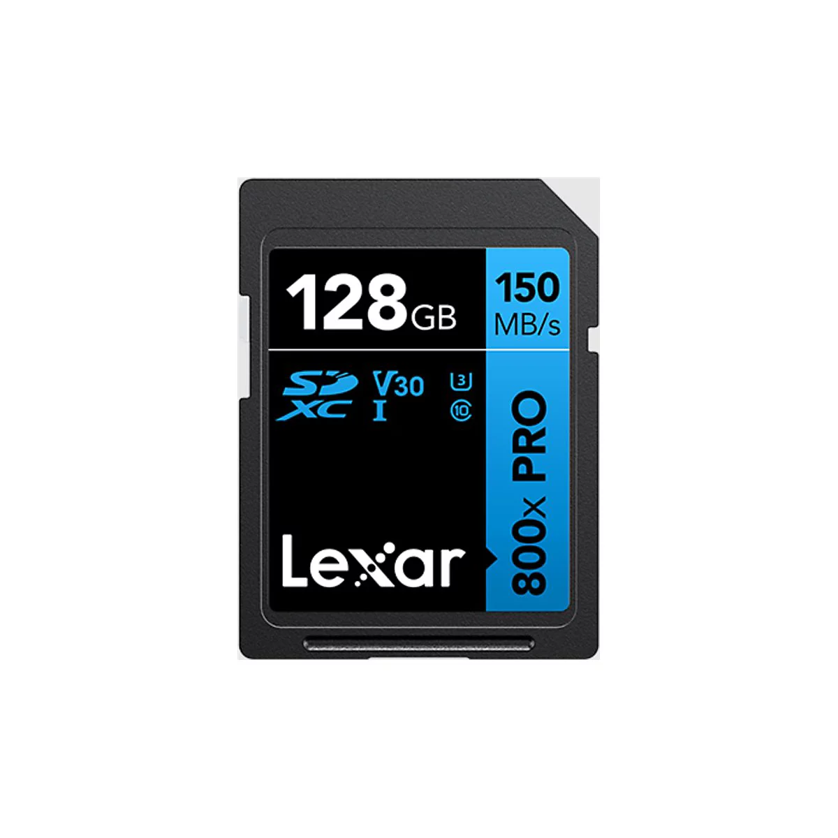 Schwarze SD-Karte mit weißem Aufdruck. Aufschrift: 128 GB, Lexar, 800x PRO.