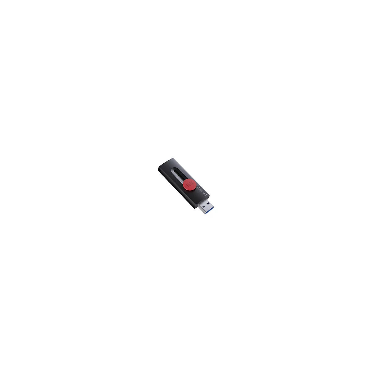 Clé USB noire avec bouton rouge et bande argentée. Inscription : Lexar.