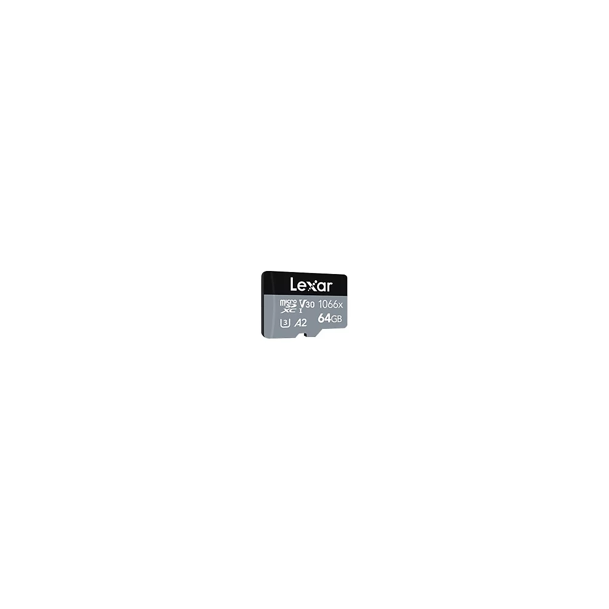 Une carte Micro SD Lexar, grise et noire. La carte indique : V30 1066x XC I A2 64GB.